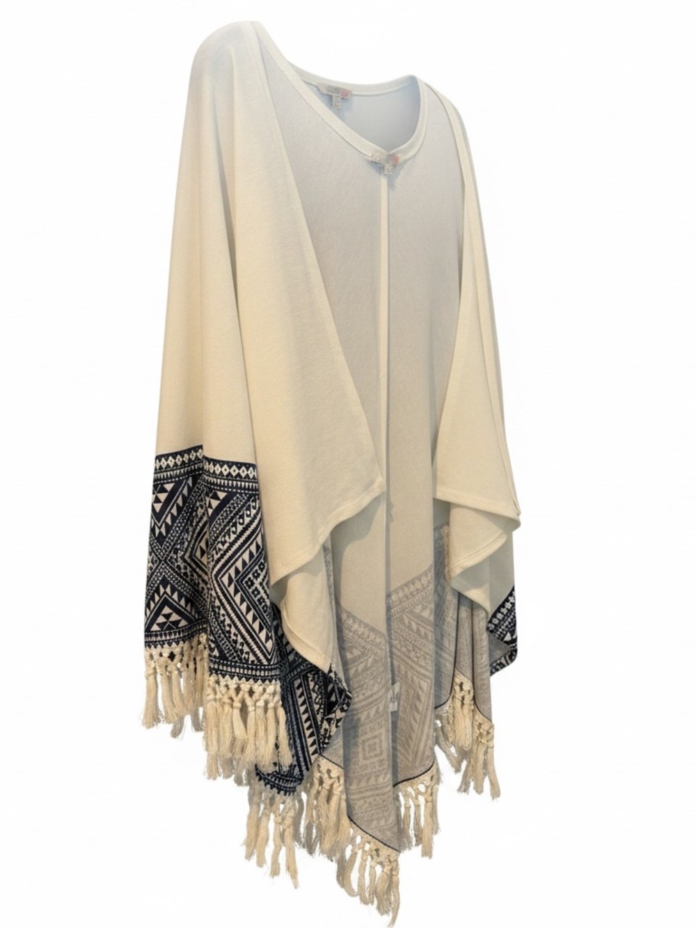 Gianni Bini Cream Poncho with Navy Aztec Trim‎ Tribal and Tassels size medium